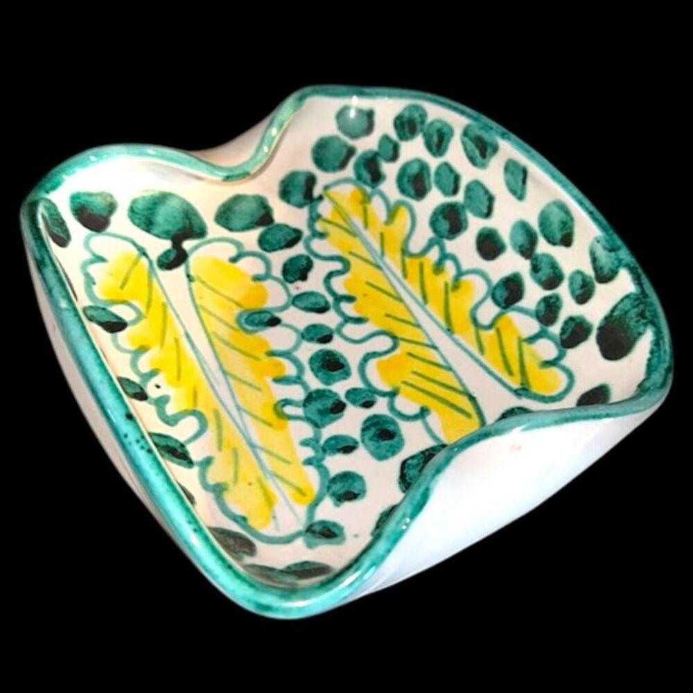Vintage Hand Painted Leaf Italian Stoneware Pottery Curved Edge Dish